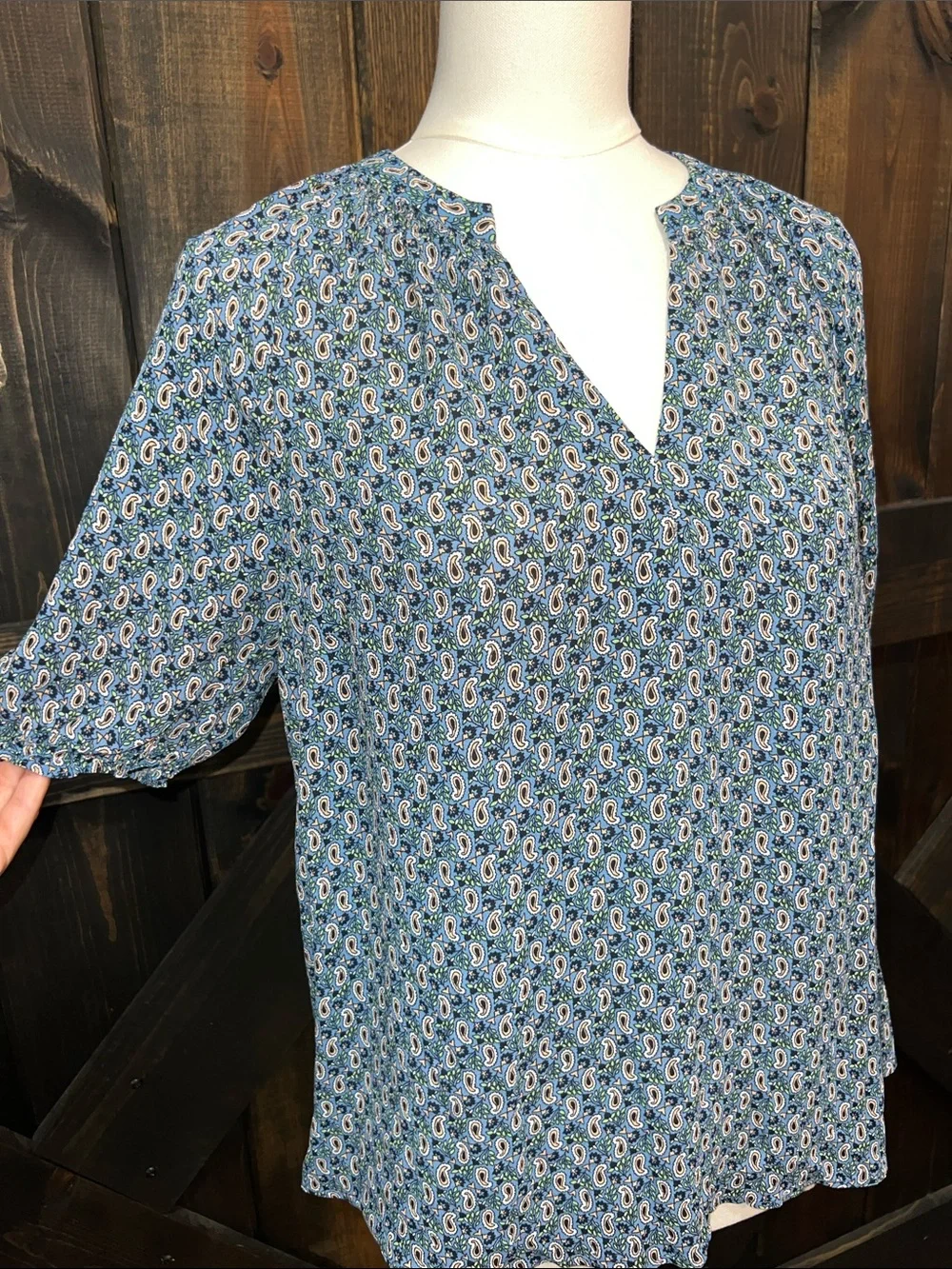 Boden Paisley Top 14 Blue Gathered Split Neck Puff Sleeve Semi Sheer Preppy